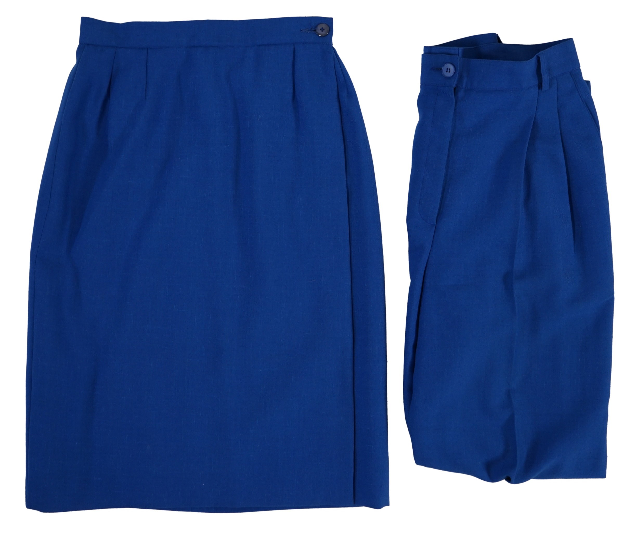 A vintage Yves Saint Laurent variation lady's royal blue wool skirt and trousers. Approx size UK 10 Please note alterations to make the waist smaller may have been carried out on some of the skirts and trousers. Proceeds